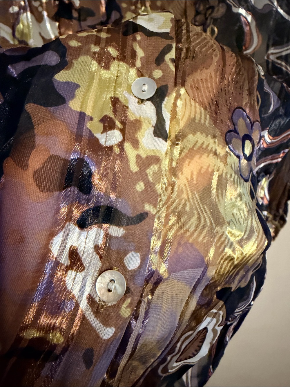 Metallic Abstract Sheer Button Up Blouse Y2K Artsy Euro Chic Top L - Picture 7 of 11